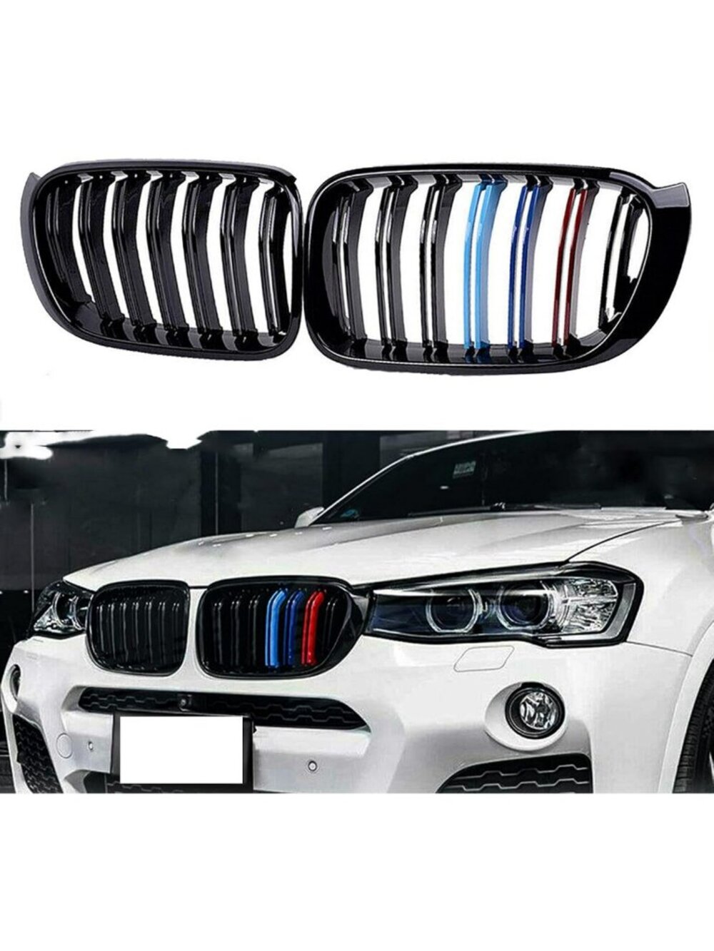Gloss Black Front Kidney Grille for 2014-2018 X3 & X4, 2-Pc Set, Double Slats